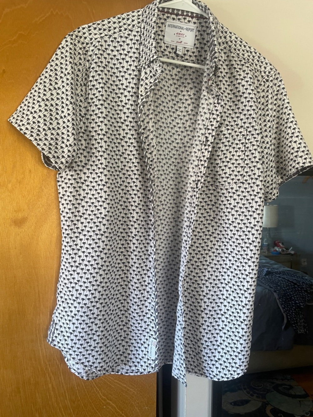 Men’s black and white palm tree, summer button-down shirt